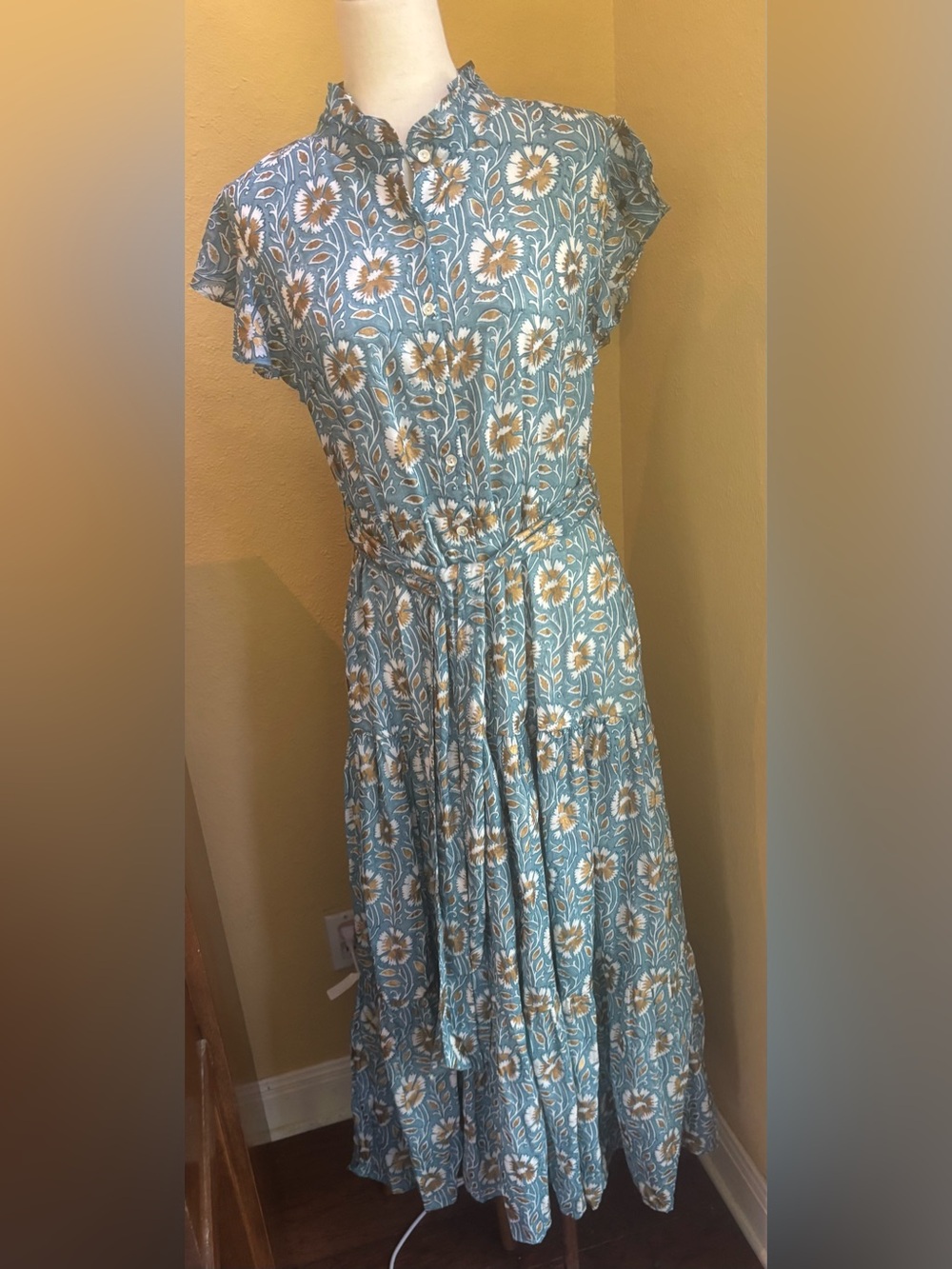 Oliphant ruffle collar button up maxi belted dress. Large